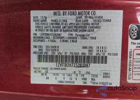 2007 Ford Mustang Gt Deluxe/Gt Premium from USA, damaged, VIN 1ZVFT82H775283087